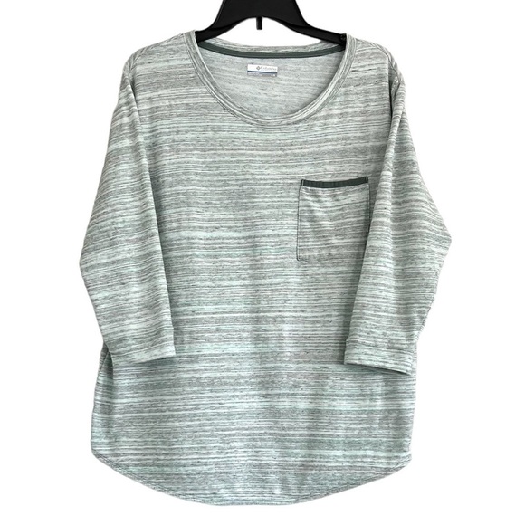 Columbia Women’s Green Pocket Shirt Stripes Rounded Neckline and Hem Size Large - Picture 1 of 10